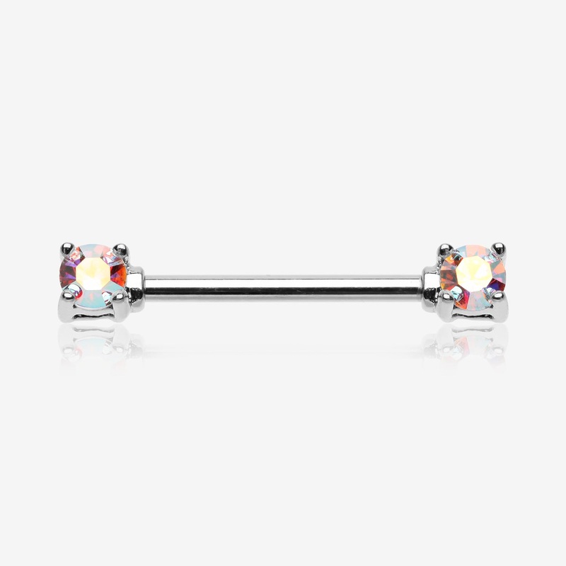 A Pair of Brilliant Sparkle Gem Prong Set Nipple Barbell 14 GA (1.6mm), 1/2″ (12mm)