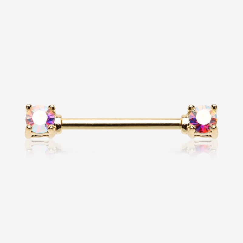 A Pair of Golden Brilliant Sparkle Gem Prong Set Nipple Barbell 14 GA (1.6mm), 1/2″ (12mm)