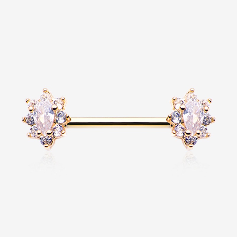 A Pair of Golden Grand Luria Floral Sparkle Nipple Barbell 14 GA (1.6mm), 1/2″ (12mm)