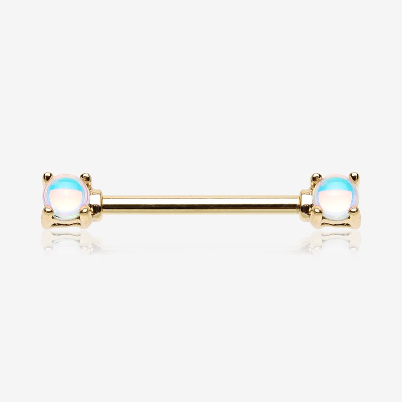 A Pair of Golden Iridescent Revo Double Prong Gem Nipple Barbell 14 GA (1.6mm), 1/2″ (12mm)