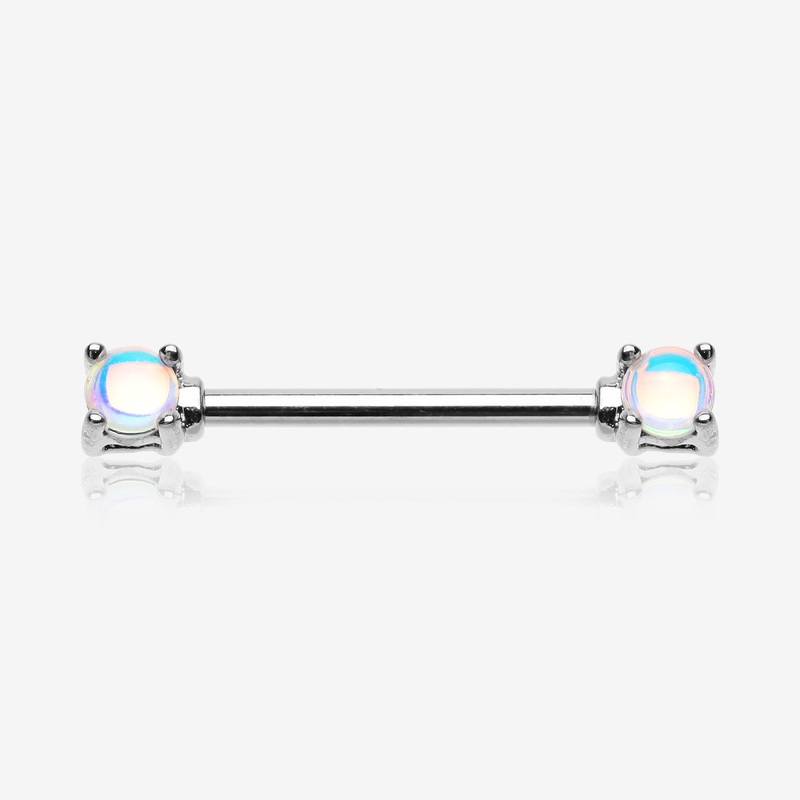 A Pair of Iridescent Revo Double Prong Gem Nipple Barbell 14 GA (1.6mm), 1/2″ (12mm)