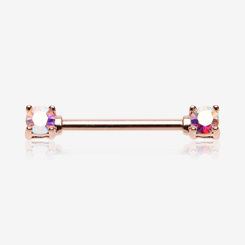 A Pair of Rose Gold Brilliant Sparkle Gem Prong Set Nipple Barbell 14 GA (1.6mm), 1/2″ (12mm)