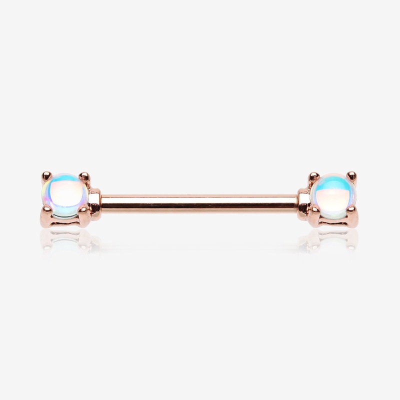 A Pair of Rose Gold Iridescent Revo Double Prong Gem Nipple Barbell 14 GA (1.6mm), 1/2″ (12mm)