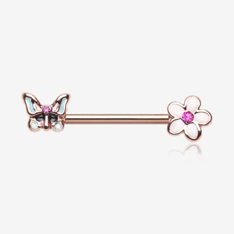 A Pair of Rose Gold Sweet Butterfly Flower Garden Nipple Barbell 14 GA (1.6mm), 1/2″ (12mm)