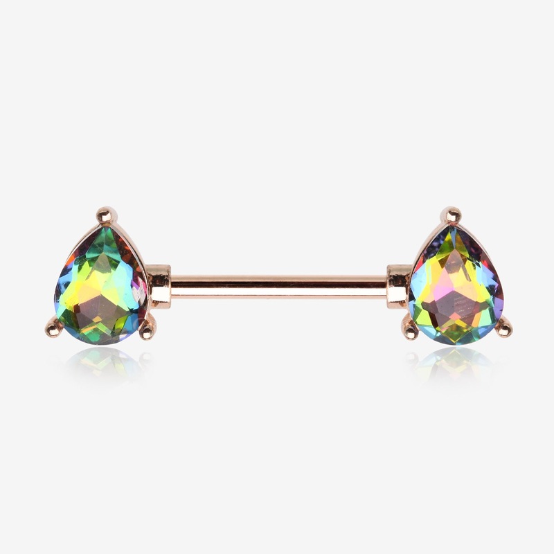 A Pair of Rose Gold Vitrail Medium Sparkle Teardrop Nipple Barbell 14 GA (1.6mm), 1/2″ (12mm)