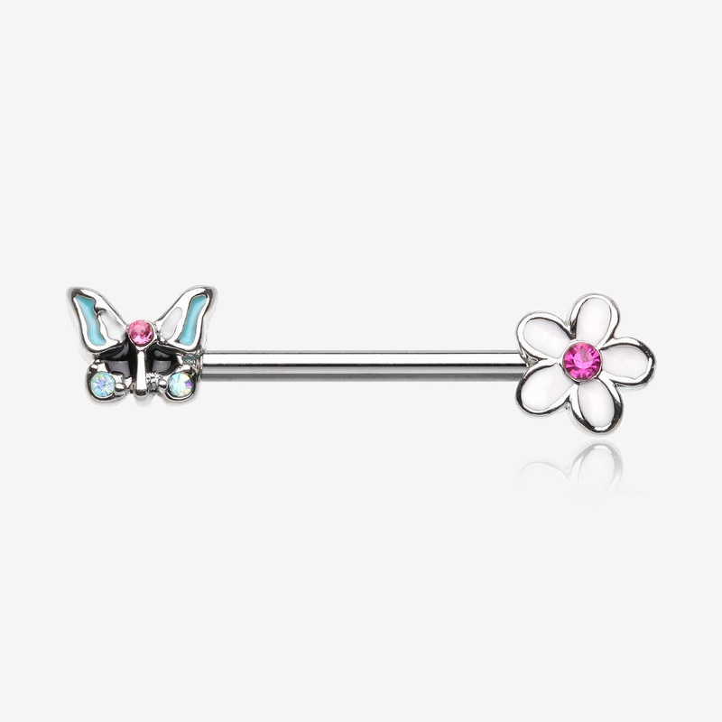 A Pair of Sweet Butterfly Flower Garden Nipple Barbell 14 GA (1.6mm), 1/2″ (12mm)