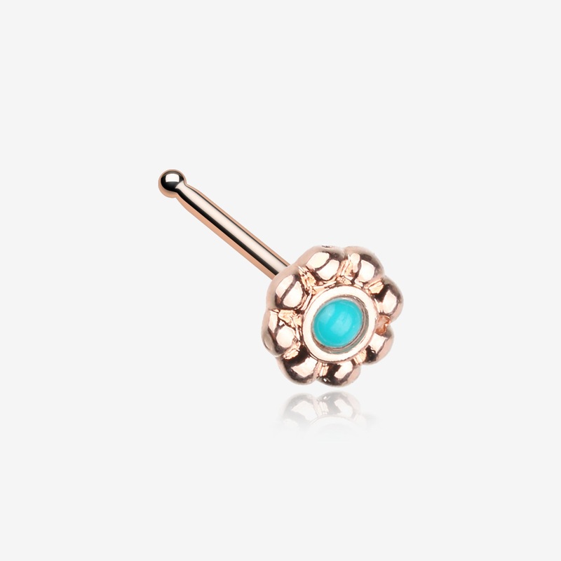 Rose Gold Bali Flower Turquoise Nose Stud Ring