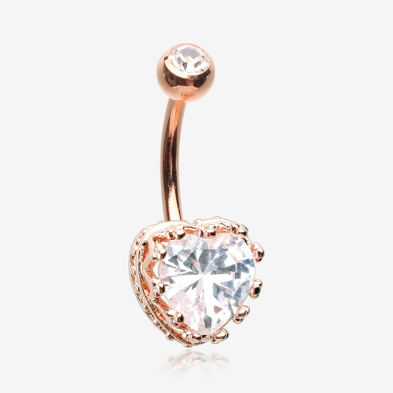 Rose Gold Princess Crown Prong Heart Sparkle Belly Button Ring