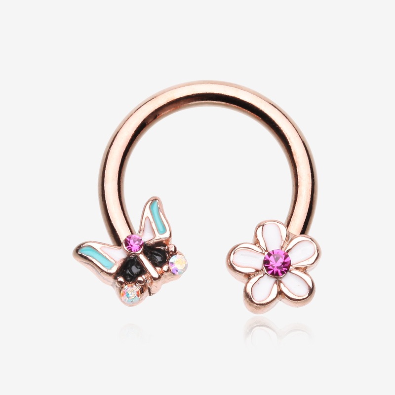 Rose Gold Sweet Butterfly Flower Garden Horseshoe Circular Barbell 16 GA (1.2mm), 3/8″ (10mm)