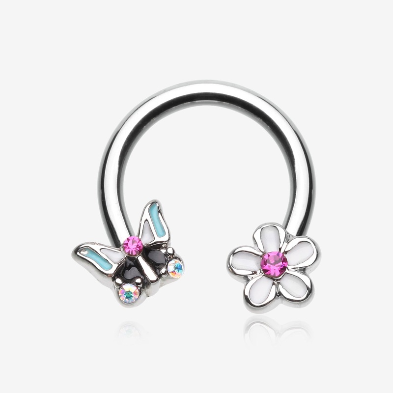 Sweet Butterfly Flower Garden Steel Horseshoe Circular Barbell 16 GA (1.2mm), 3/8″ (10mm)