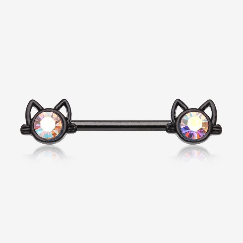A Pair of Blackline Adorable Cat Face Sparkle Nipple Barbell 14 GA (1.6mm), 1/2″ (12mm)