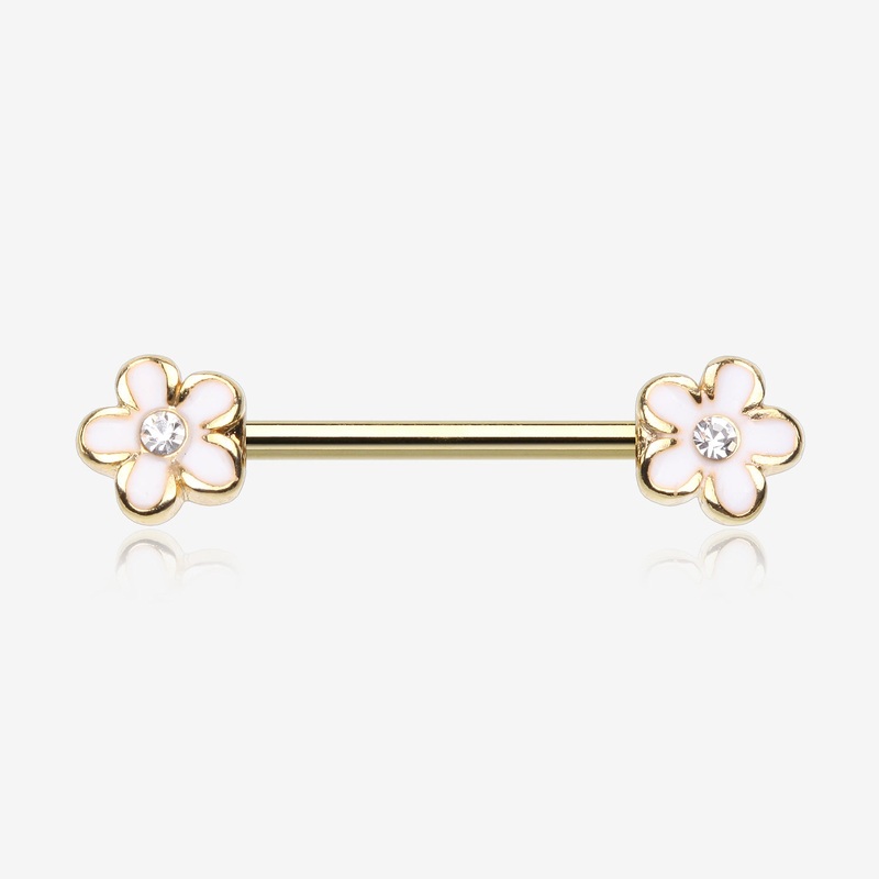 A Pair of Golden Plumeria Flower Sparkle Nipple Barbell 14 GA (1.6mm), 1/2″ (12mm)