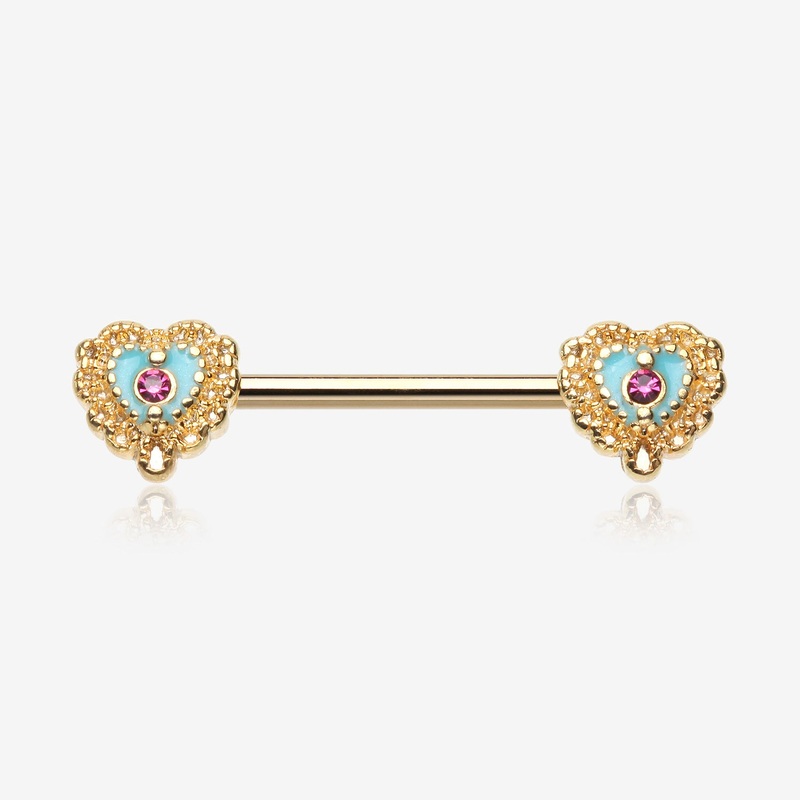 A Pair of Golden Victorian Filigree Heart Nipple Barbell 14 GA (1.6mm), 1/2″ (12mm)