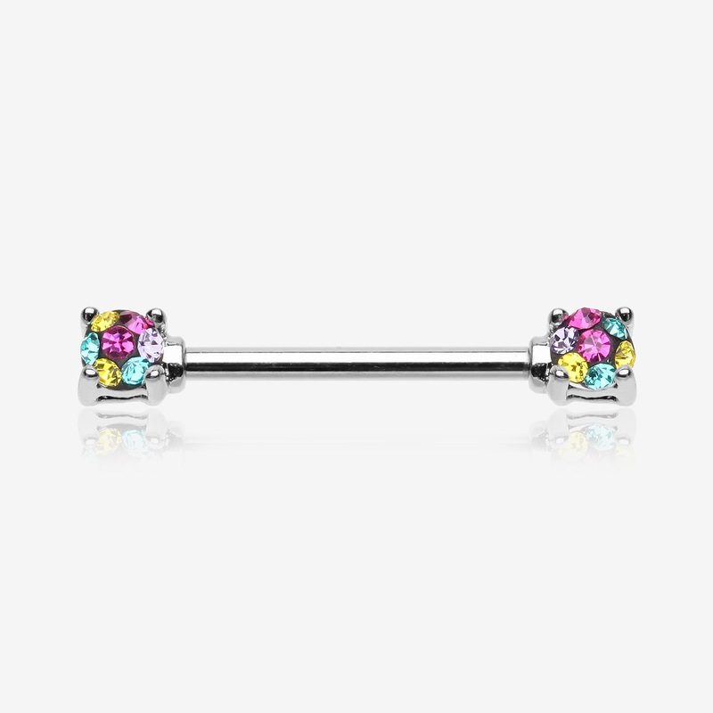 A Pair of Motley Sprinkle Dot Multi-Gem Sparkle Prong Set Nipple Barbell 14 GA (1.6mm), 1/2″ (12mm)