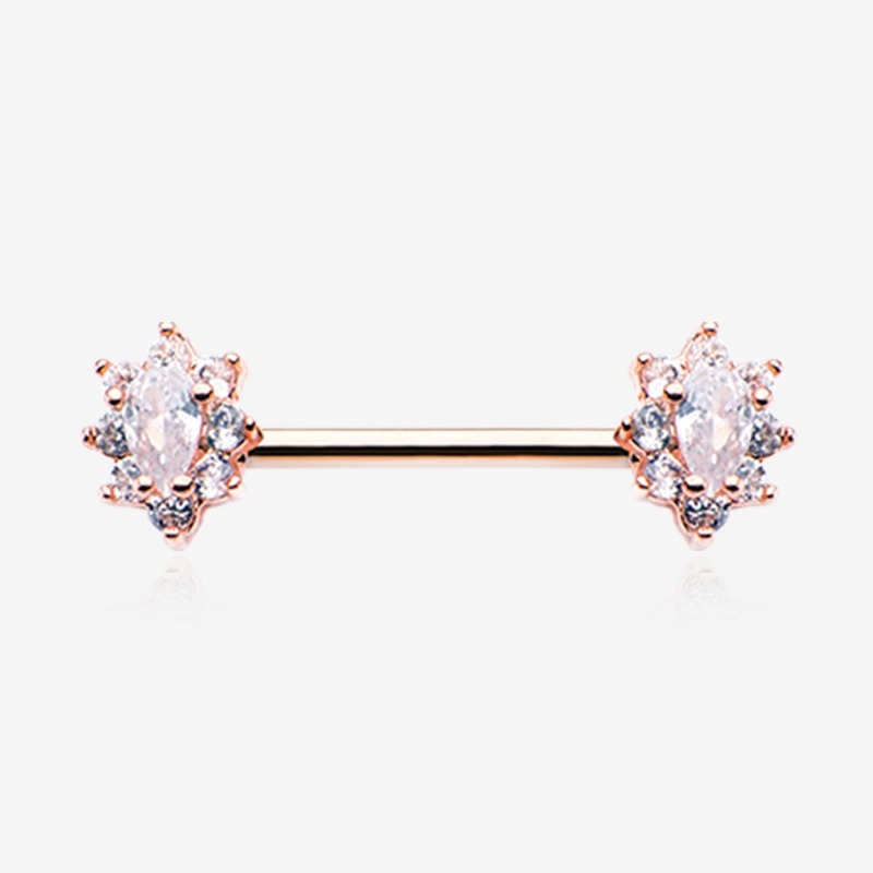 A Pair of Rose Gold Grand Luria Floral Sparkle Nipple Barbell 14 GA (1.6mm), 1/2″ (12mm)