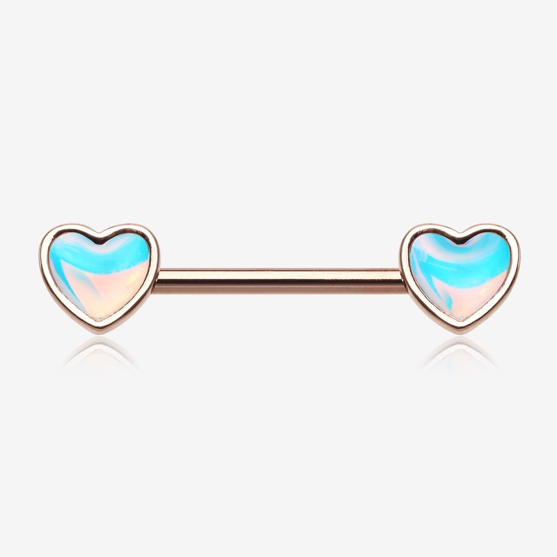 A Pair of Rose Gold Iridescent Revo Heart Nipple Barbell 14 GA (1.6mm), 1/2″ (12mm)