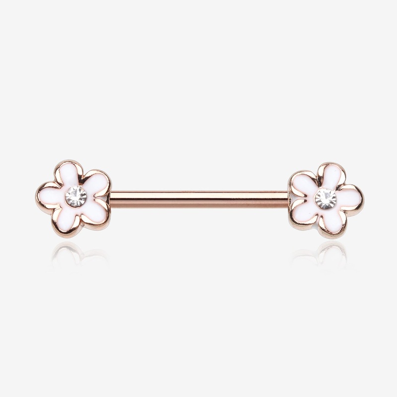 A Pair of Rose Gold Plumeria Flower Sparkle Nipple Barbell 14 GA (1.6mm), 1/2″ (12mm)