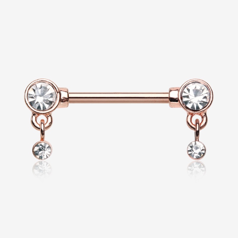 A Pair of Rose Gold Sparkle Dazzle Dangle Droplets Nipple Barbell 14 GA (1.6mm), 1/2″ (12mm)