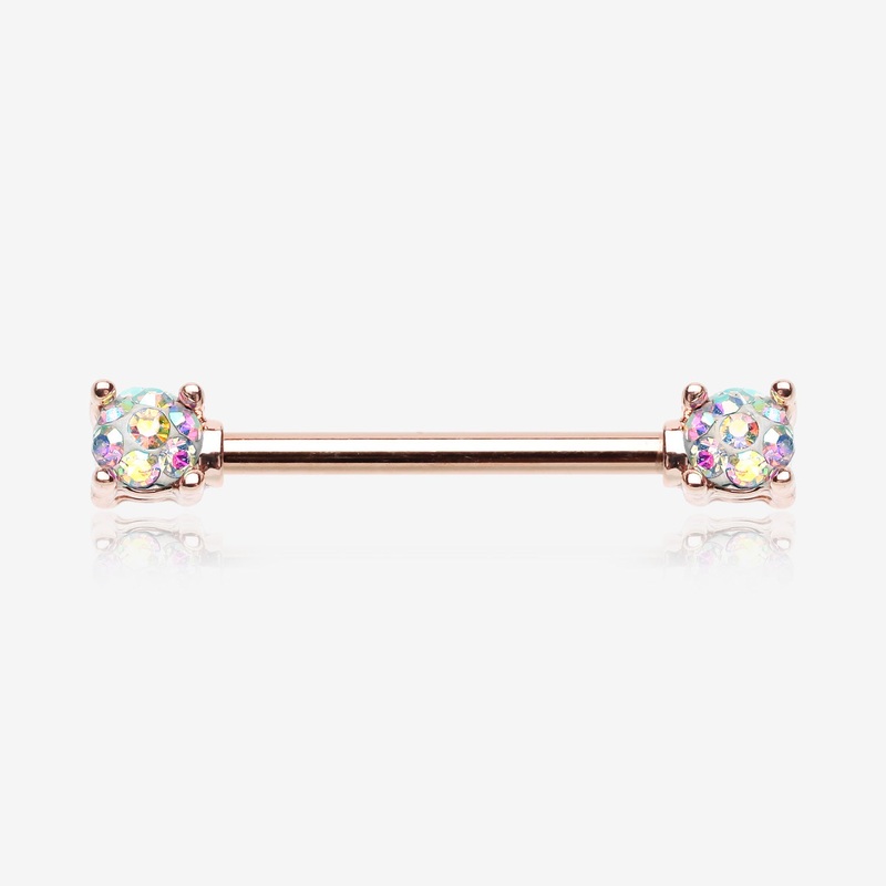 A Pair of Rose Gold Sprinkle Dot Multi-Gem Sparkle Prong Set Nipple Barbell 14 GA (1.6mm), 1/2″ (12mm)