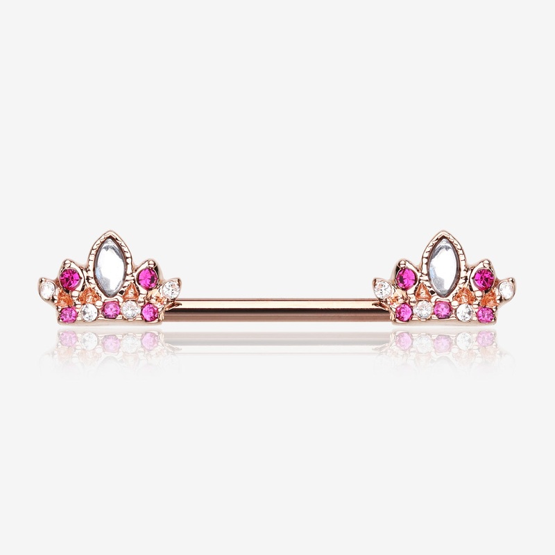 A Pair of Rose Gold Tiara Crown Sparkle Nipple Barbell 14 GA (1.6mm), 1/2″ (12mm)