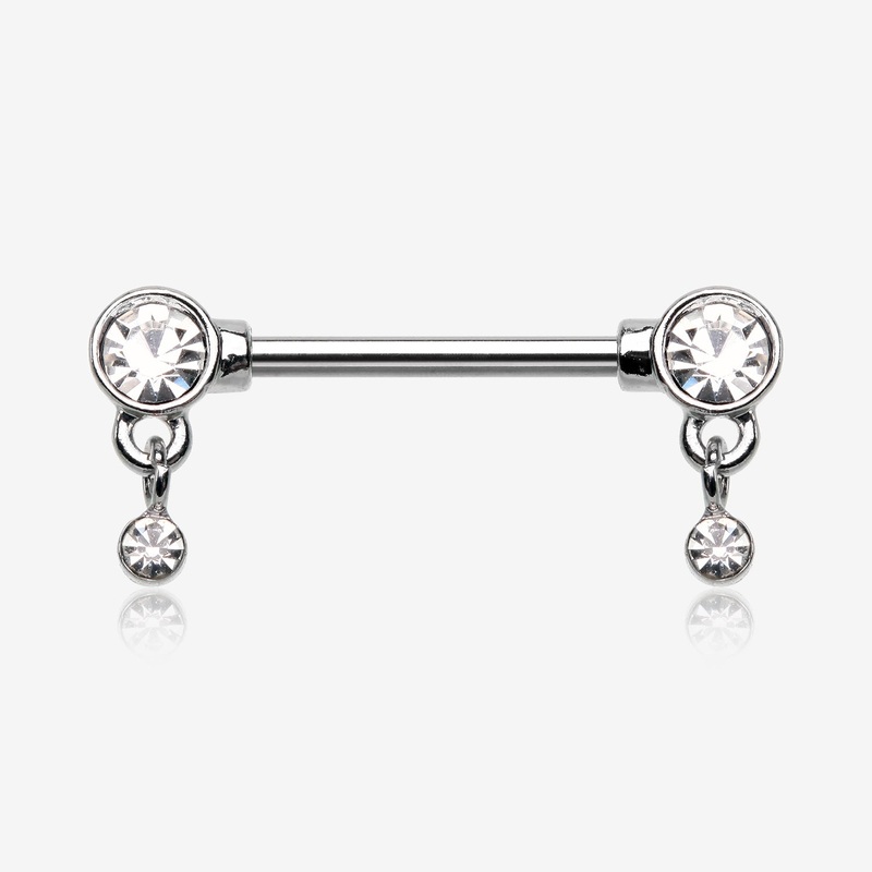 A Pair of Sparkle Dazzle Dangle Droplets Nipple Barbell 14 GA (1.6mm), 1/2″ (12mm)