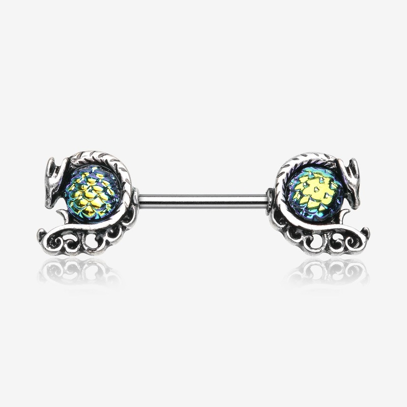 A Pair of Vintage Dragon Iridescent Scale Orb Nipple Barbell 14 GA (1.6mm), 1/2″ (12mm)