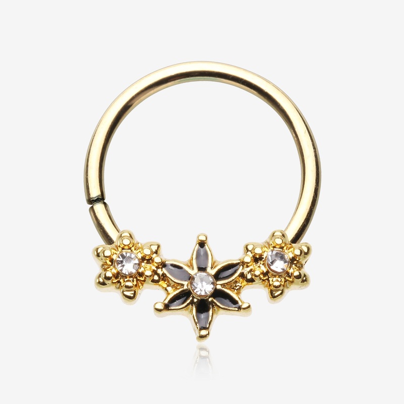Golden Elegant Onyx Lily Flower Sparkle Bendable Twist Hoop Ring