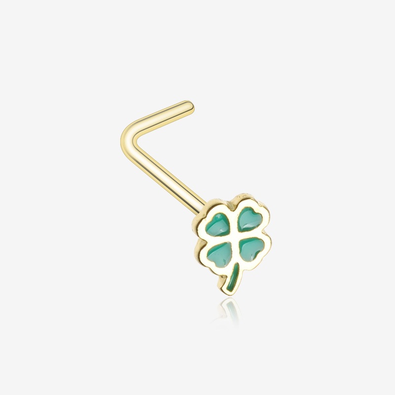 Golden Lucky Four Leaf Clover L-Shaped Nose Ring
