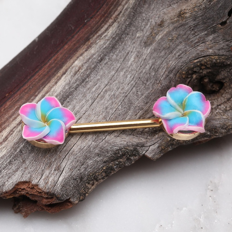 A Pair of Candy Plumeria Handmade Clay Flower Nipple Barbell 14 GA (1.6mm), 1/2″ (12mm)