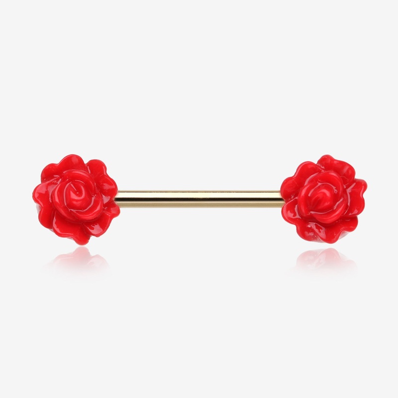 A Pair of Golden Acrylic Rose Blossom Nipple Barbell Ring 14 GA (1.6mm), 1/2″ (12mm)