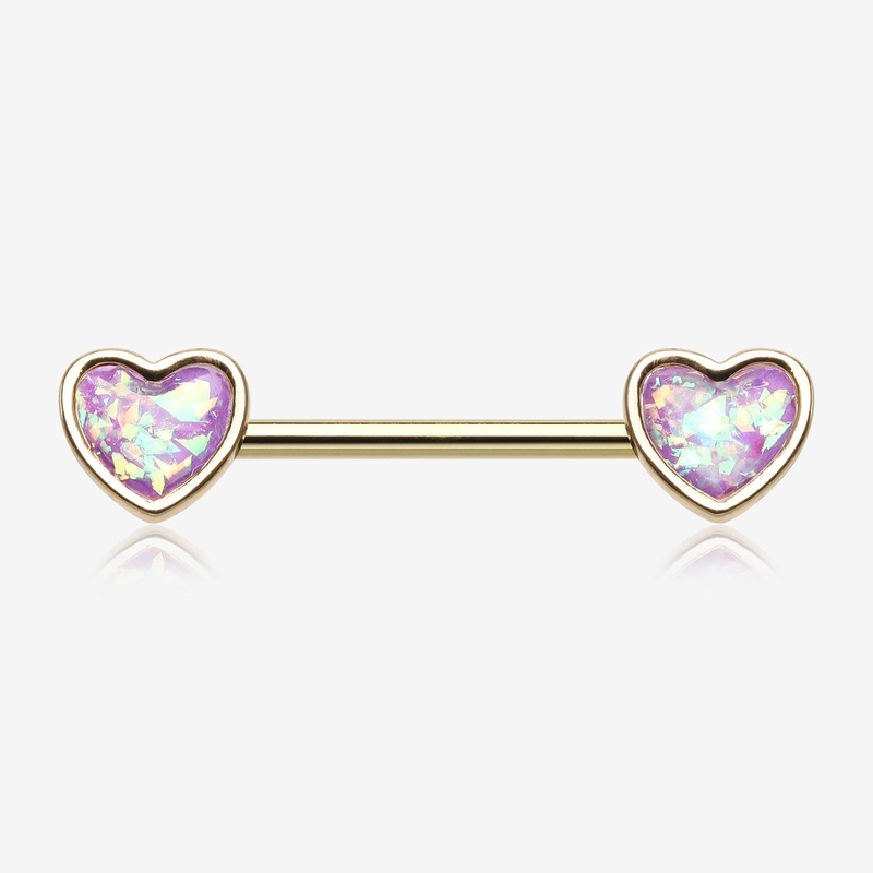 A Pair of Golden Opalescent Heart Sparkle Nipple Barbell 14 GA (1.6mm), 1/2″ (12mm)