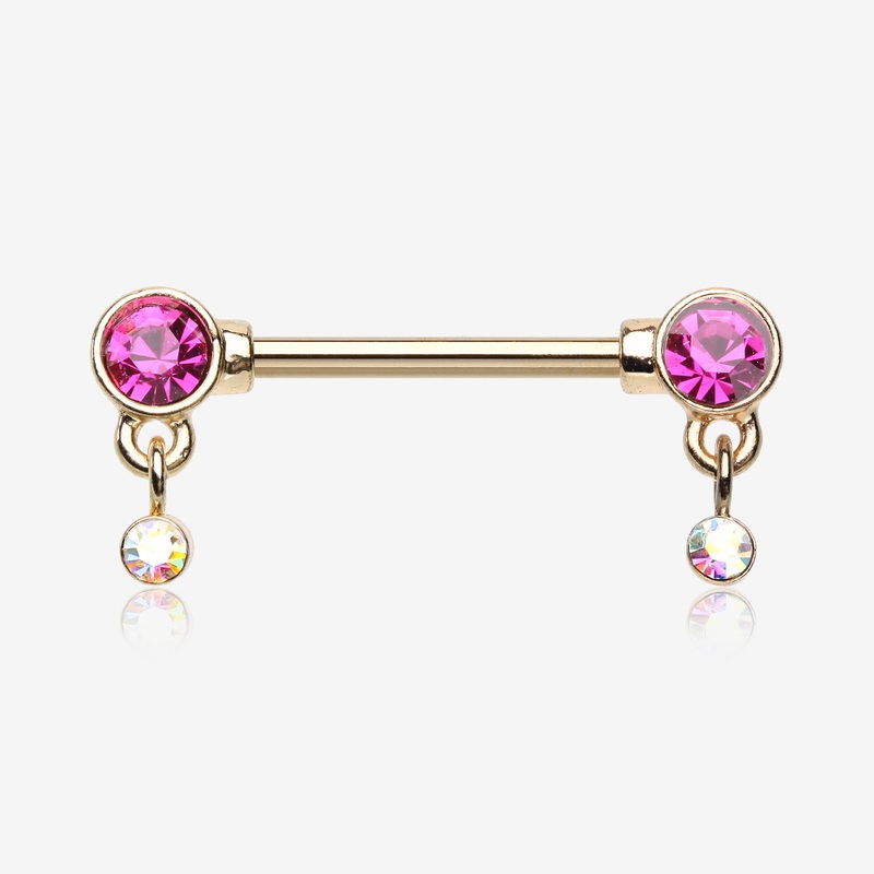 A Pair of Golden Sparkle Dazzle Dangle Droplets Nipple Barbell 14 GA (1.6mm), 1/2″ (12mm)