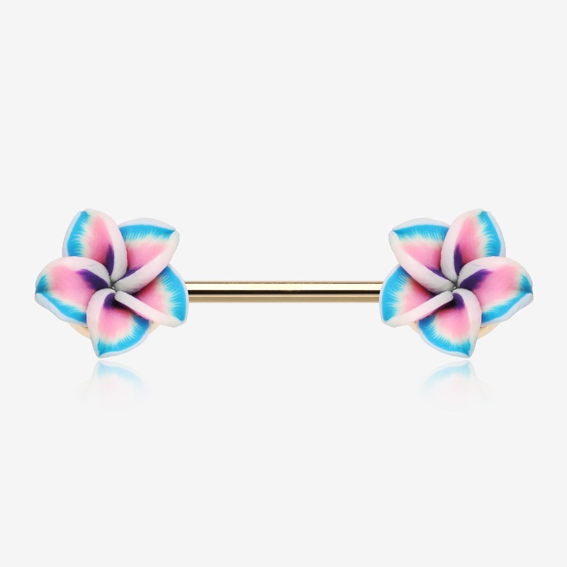A Pair of Hawaiian Plumeria Handmade Clay Flower Nipple Barbell 14 GA (1.6mm), 1/2″ (12mm)