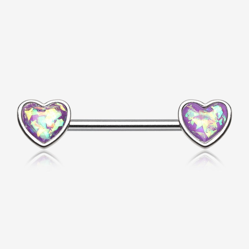 A Pair of Opalescent Heart Sparkle Nipple Barbell 14 GA (1.6mm), 1/2″ (12mm)