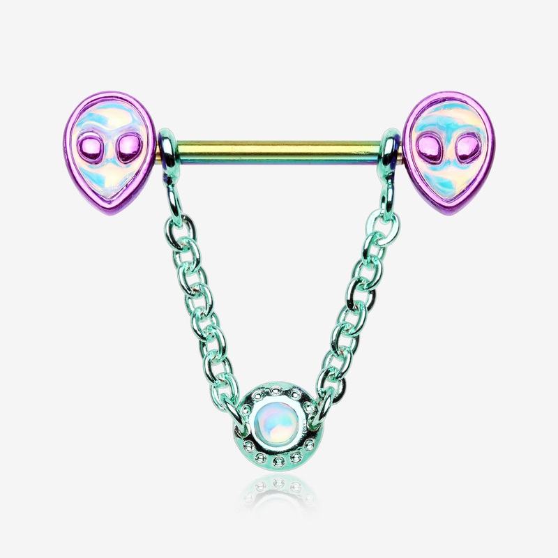 A Pair of Rainbow Iridescent Alien Revo Dangle Chain Nipple Barbell