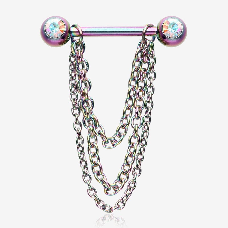 A Pair of Rainbow PVD Chained Sparkle Nipple Barbell