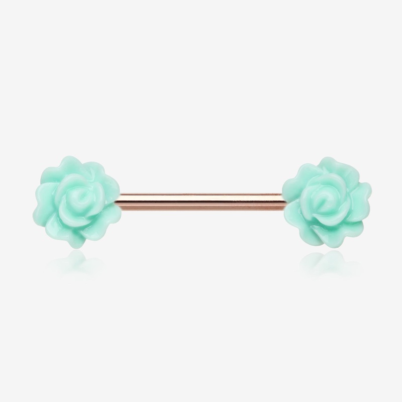 A Pair of Rose Gold Acrylic Rose Blossom Nipple Barbell Ring 14 GA (1.6mm), 1/2″ (12mm)