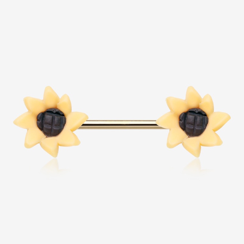 A Pair of Sunflower Bloom Handmade Clay Flower Nipple Barbell 14 GA (1.6mm), 1/2″ (12mm)