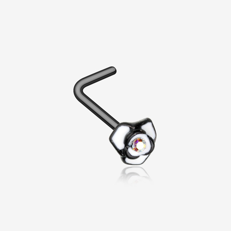 Blackline White Rose Blossom Sparkle L-Shaped Nose Ring