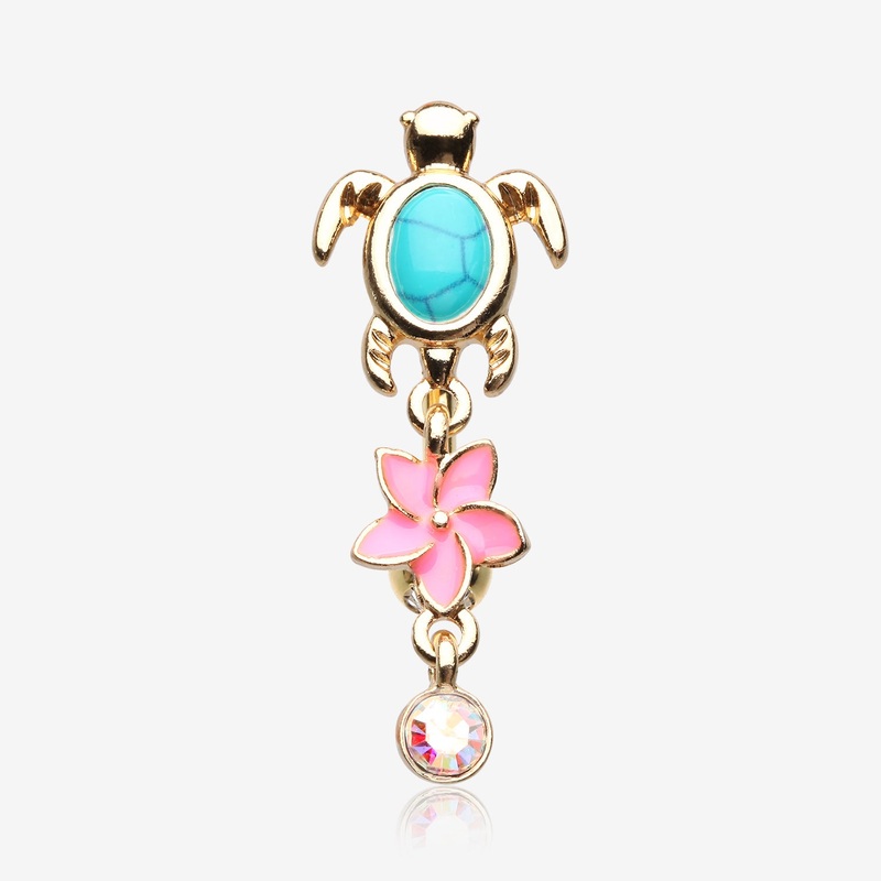 Golden Hawaiian Plumeria Turtle Sparkle Reverse Belly Button Ring