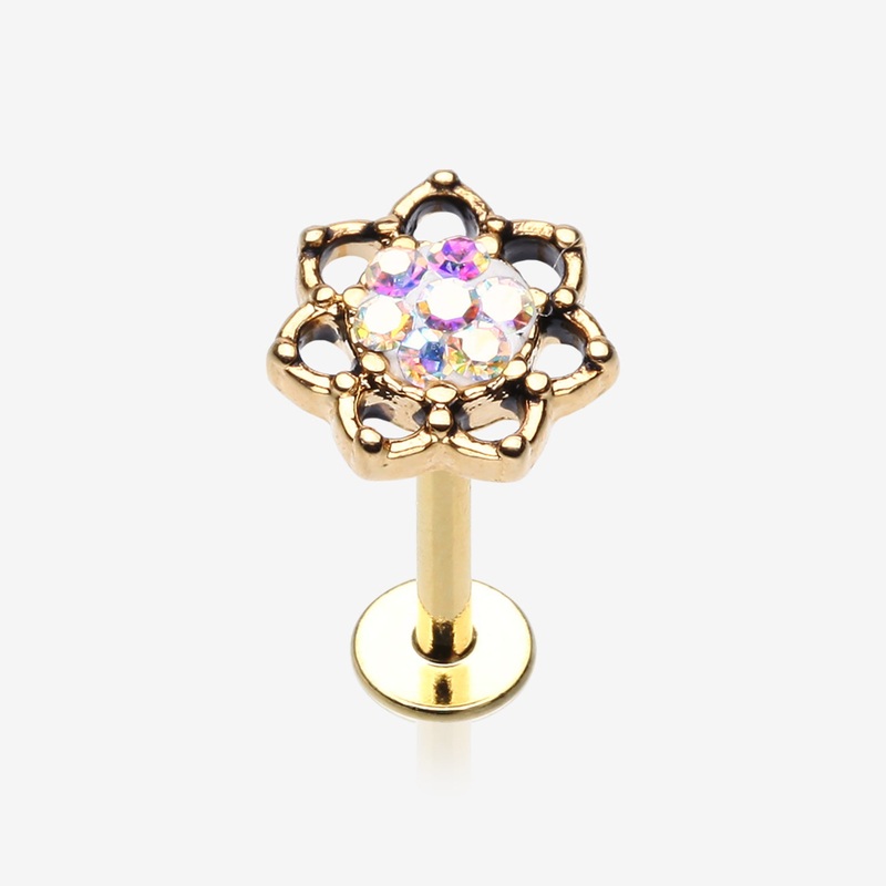 Golden Lotus Flower Sprinkle Sparkle Filigree Steel Labret