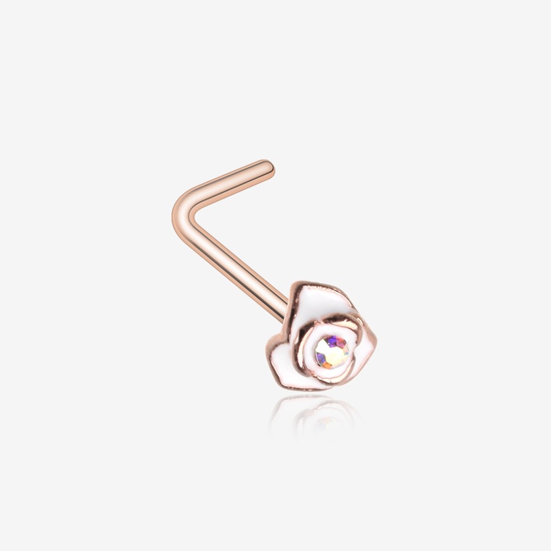 Rose Gold White Rose Blossom Sparkle L-Shaped Nose Ring
