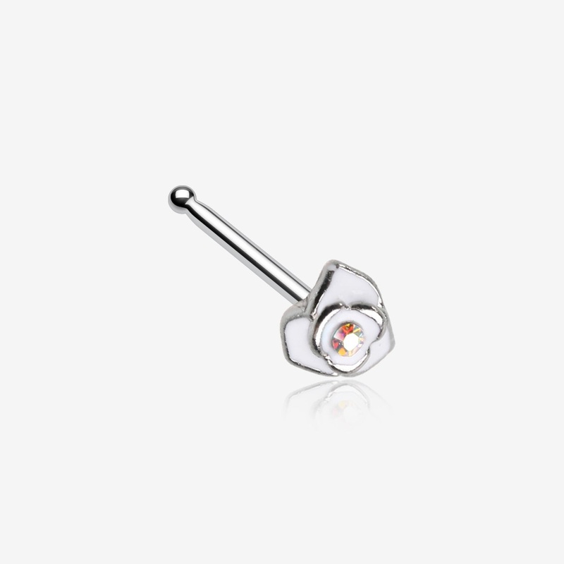 White Rose Blossom Sparkle Nose Stud Ring