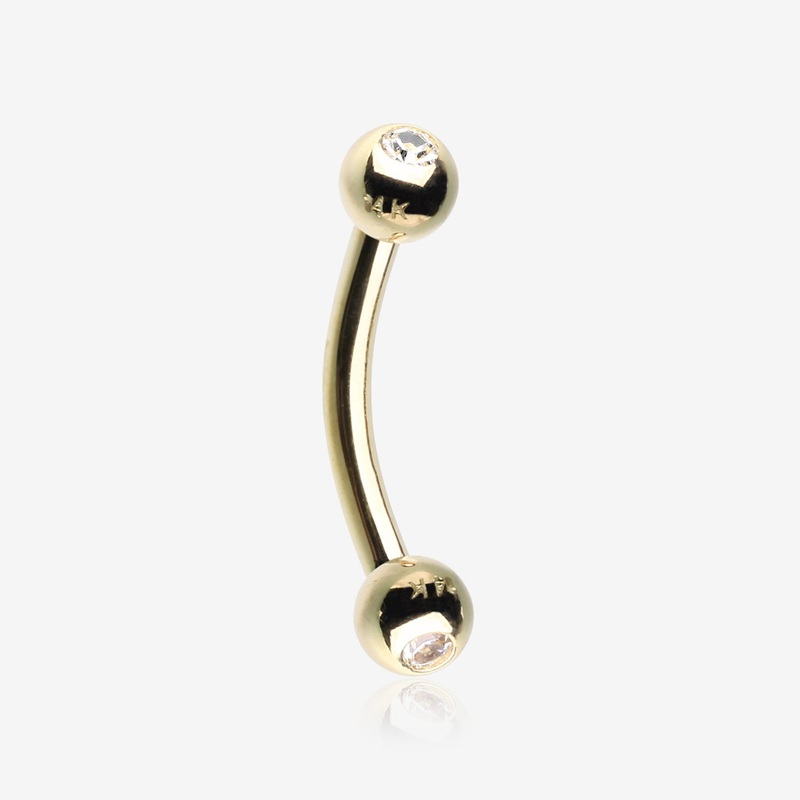 14 Karat Gold Gem Ball Ends Curved Barbell 16 GA (1.2mm), 5/16″ (8mm), Ball: 3mm