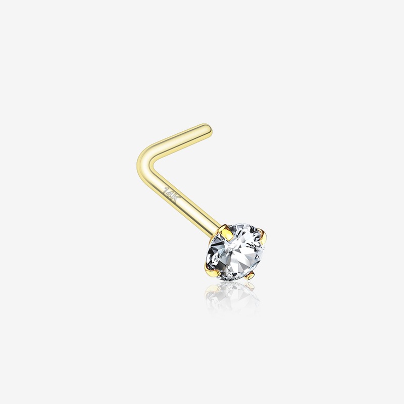 14 Karat Gold Prong Set Gem Top L-Shaped Nose Ring 20 GA (0.8mm), 1/4″ (6mm), Gem: 2mm