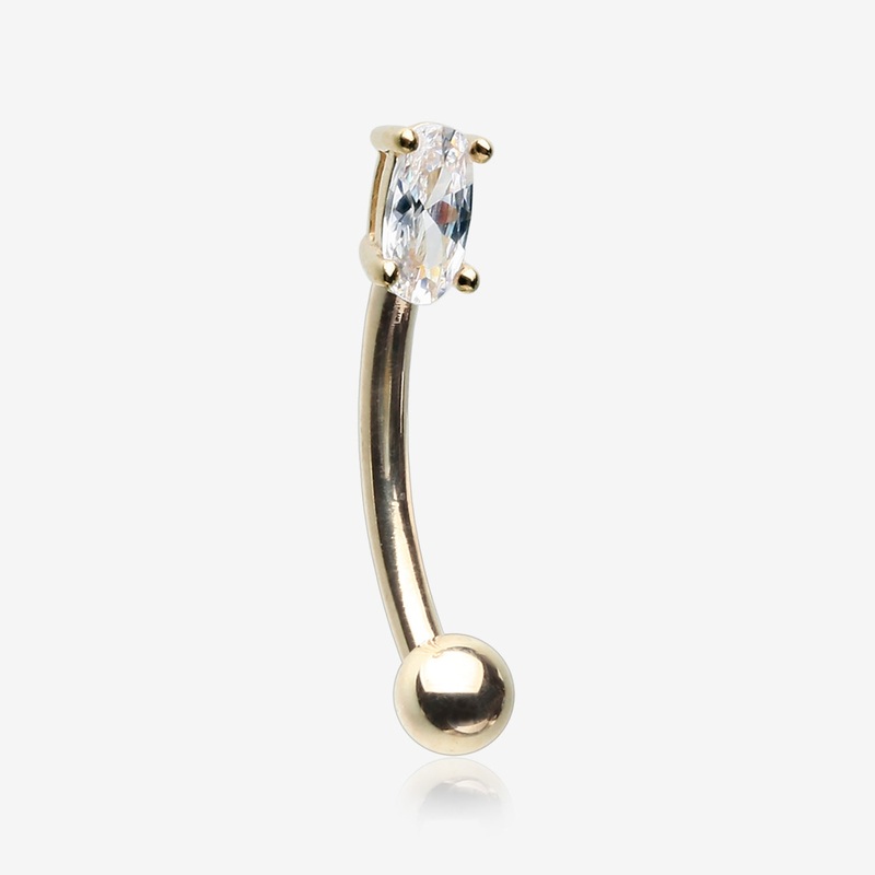 14 Karat Gold Prong Set Marquise Gem Sparkle Curved Barbell