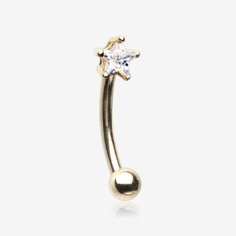 14 Karat Gold Prong Set Star Gem Sparkle Curved Barbell