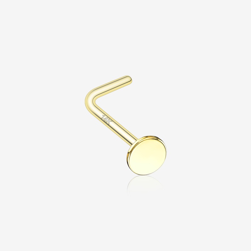 14 Karat Gold Round Disc Top L-Shaped Nose Ring
