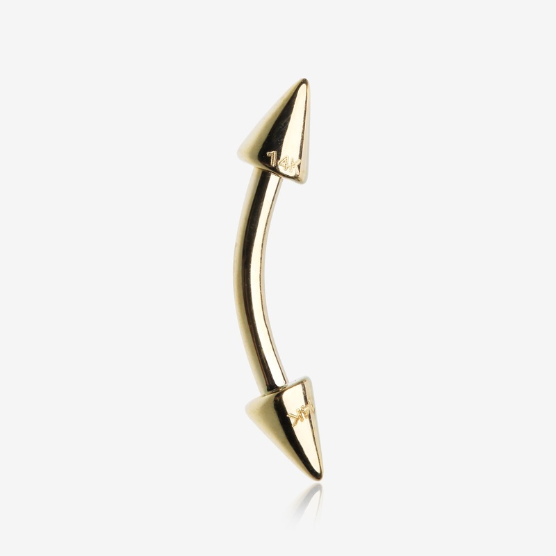 14 Karat Gold Spike Cone Curved Barbell 16GA (1.2mm), 5/16″(8mm), (3×4)
