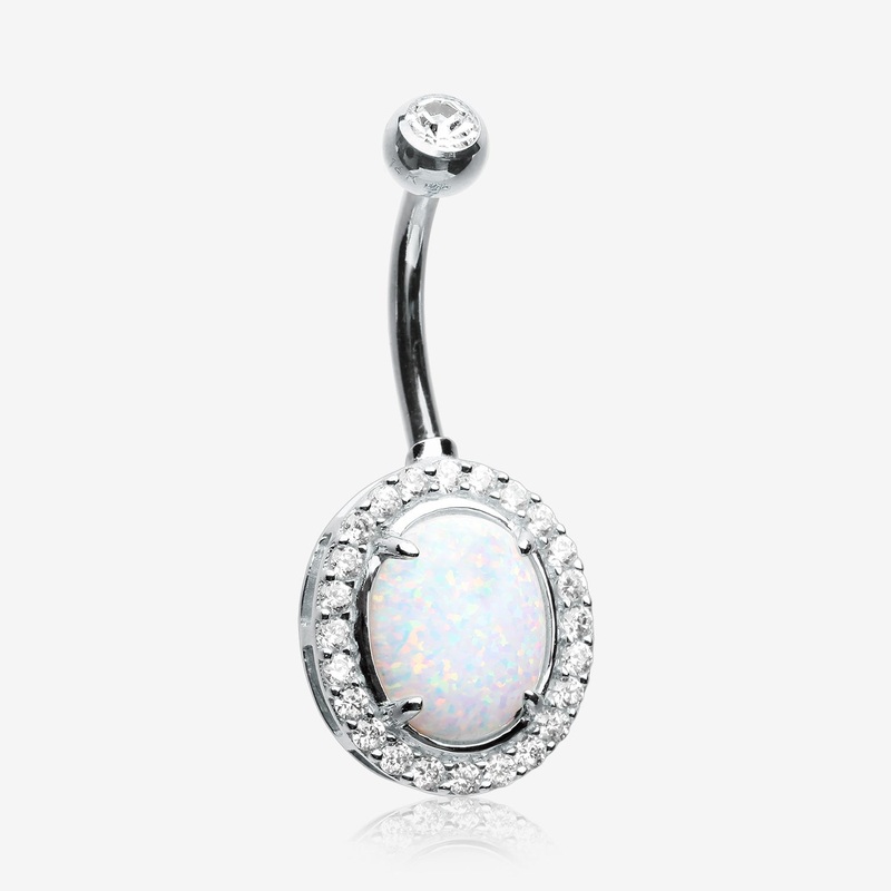 14 Karat White Gold Fire Opal Multi-Gem Sparkle Oval Belly Button Ring*